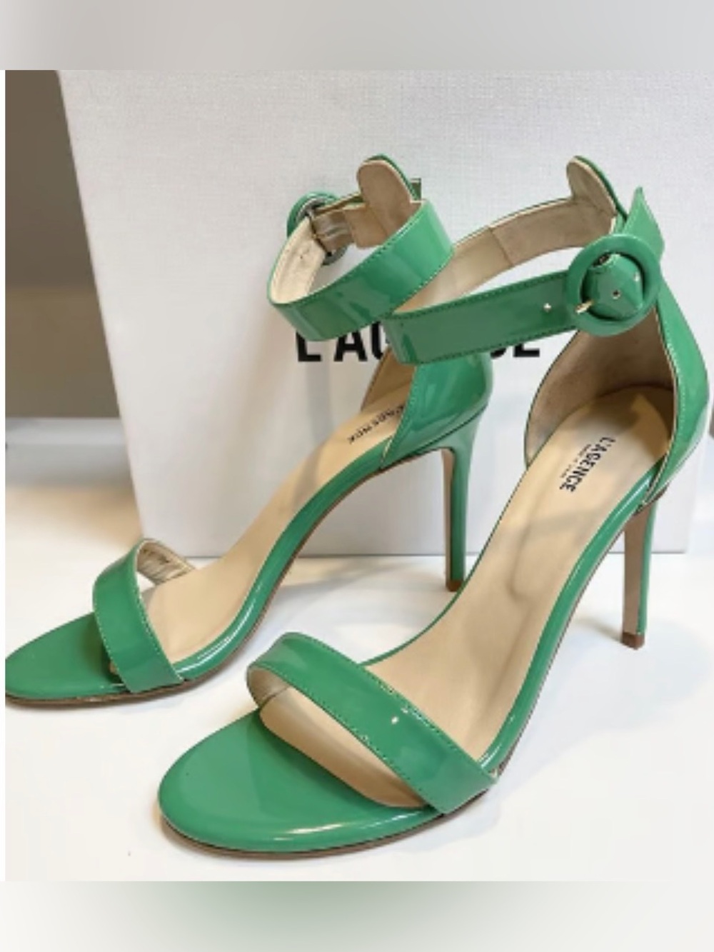 L'AGENCE Green Patent Rosette Ankle-Strap Sandal